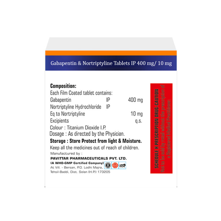 Box of Gabapentin & Nortriptyline tablets 400mg/10mg composition image
