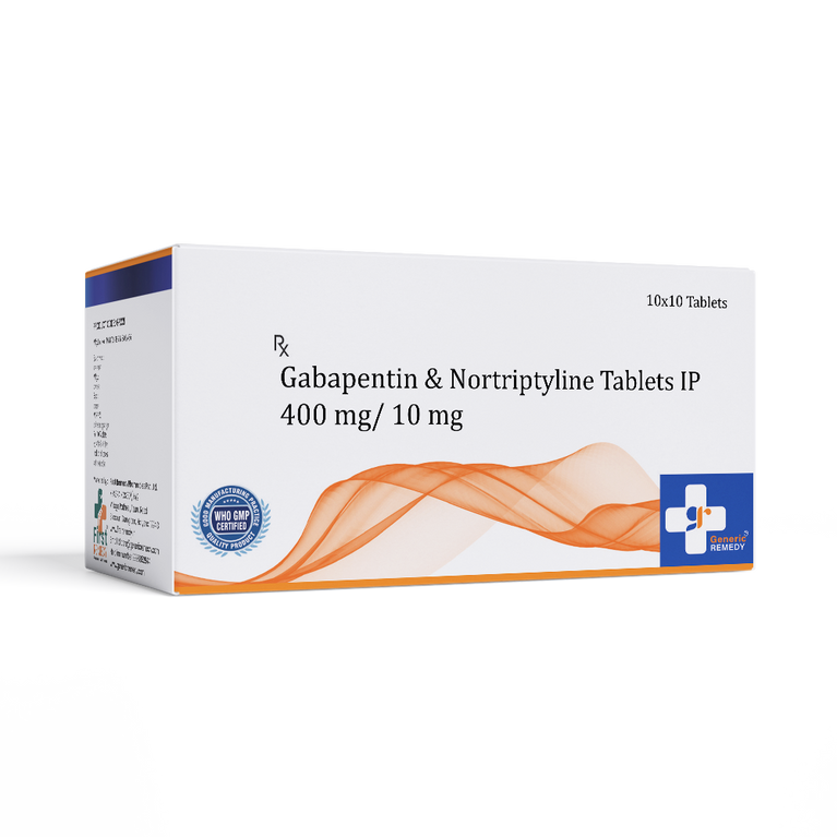 Box of Gabapentin & Nortriptyline tablets 400mg/10mg front image