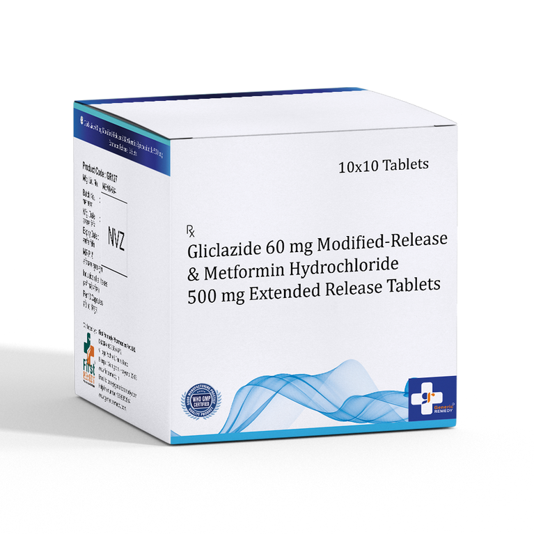 Box of Gliclazide 60mg MR & Metformin 500mg ER tablets front image
