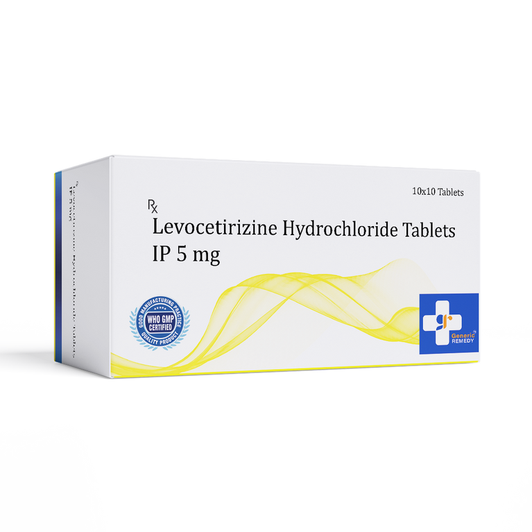 Box of Levocetirizine Hydrochloride tablets 5mg front image