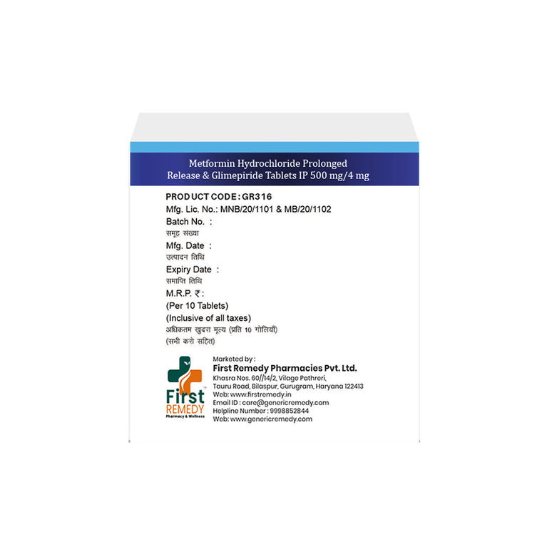 Box of Metformin PR & Glimepiride tablets 500mg/4mg back image