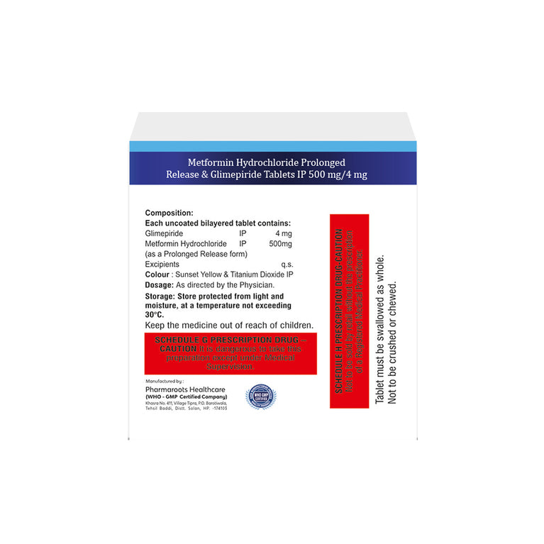 Box of Metformin PR & Glimepiride tablets 500mg/4mg composition image