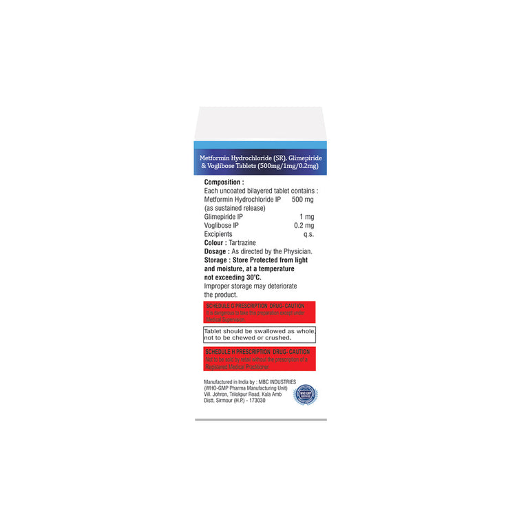 Box of Metformin SR, Glimepiride & Voglibose tablets 500mg/1mg/0.2mg composition image