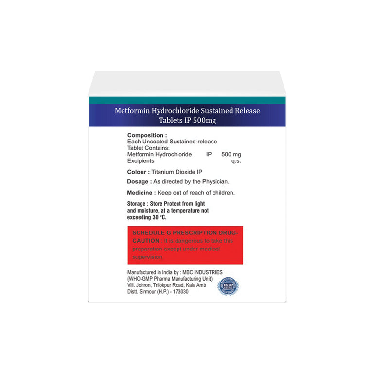 Box of Metformin SR tablets 500mg composition image