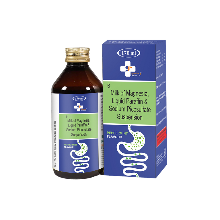 Bottle of Milk of Magnesia, Liquid Paraffin & Sodium Picosulfate suspension front image
