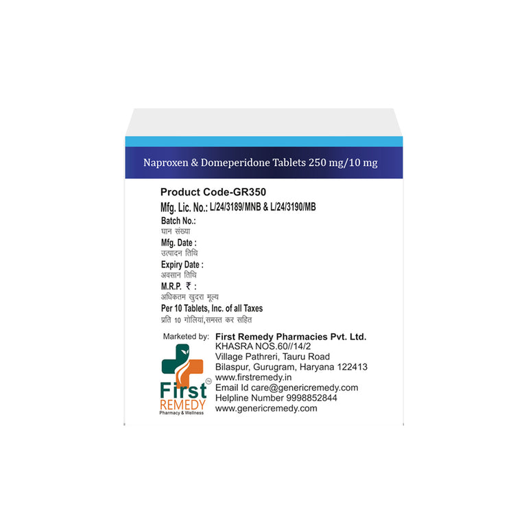 Box of Naproxen & Domperidone tablets 250 mg/ 10 mg back image