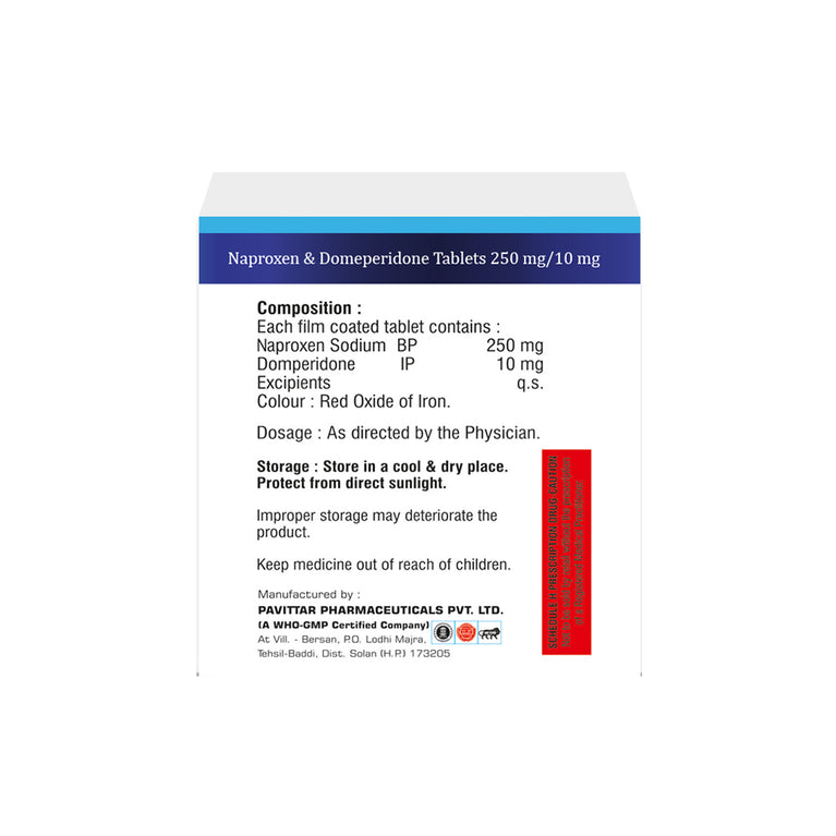 Box Naproxen & Domperidone tablets 250mg/10mg composition image