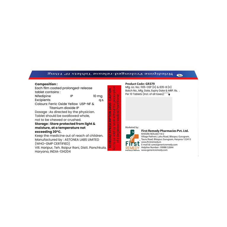 Box of Nifedipine tablets 10mg composition image