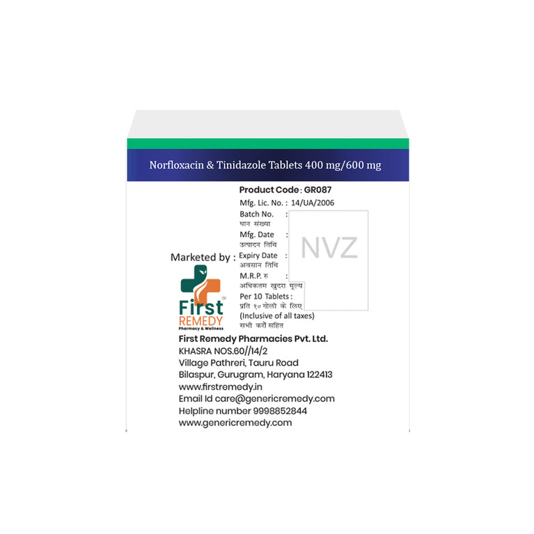 Box of Norfloxacin & Tinidazole tablets 400mg/600mg back image