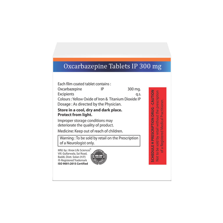 Box of Oxcarbazepine tablets 300mg composition image