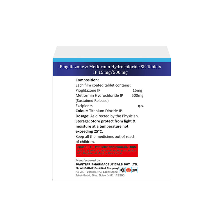Box of Pioglitazone & Metformin SR tablets 15mg/500mg composition image
