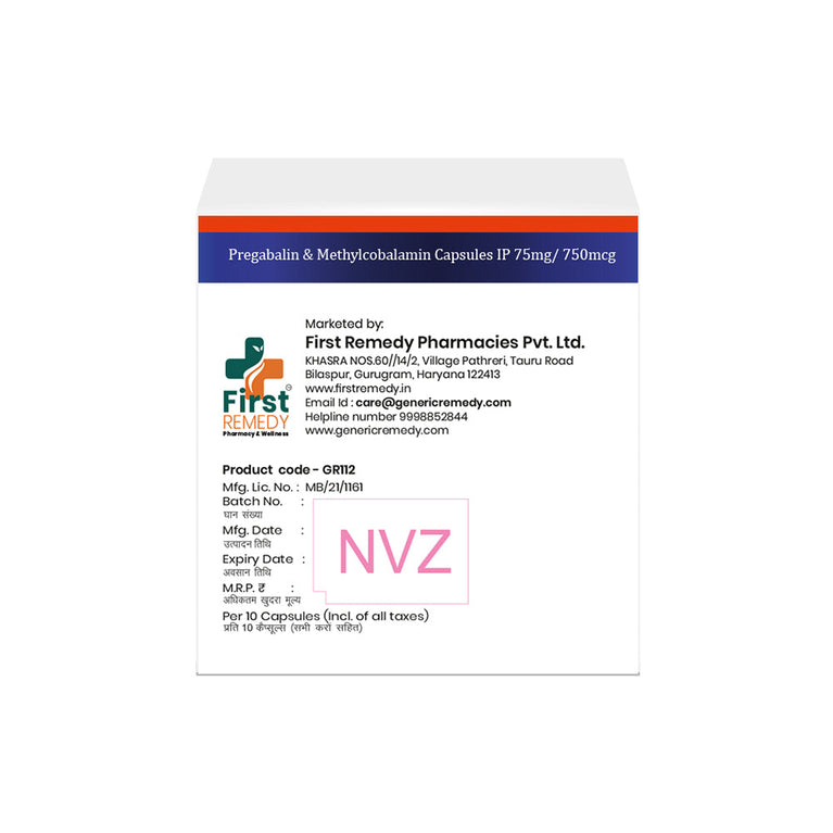 Box of Pregabalin & Methylcobalamin Capsules 75mg/750mcg back image