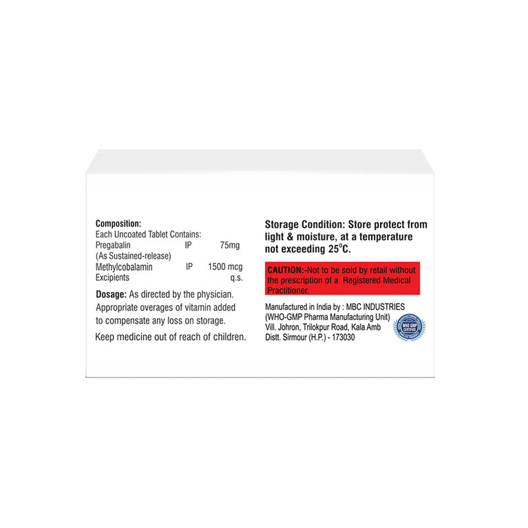 Box of Pregabalin SR & Methycobalamin tablets 75mg/1500mcg composition image