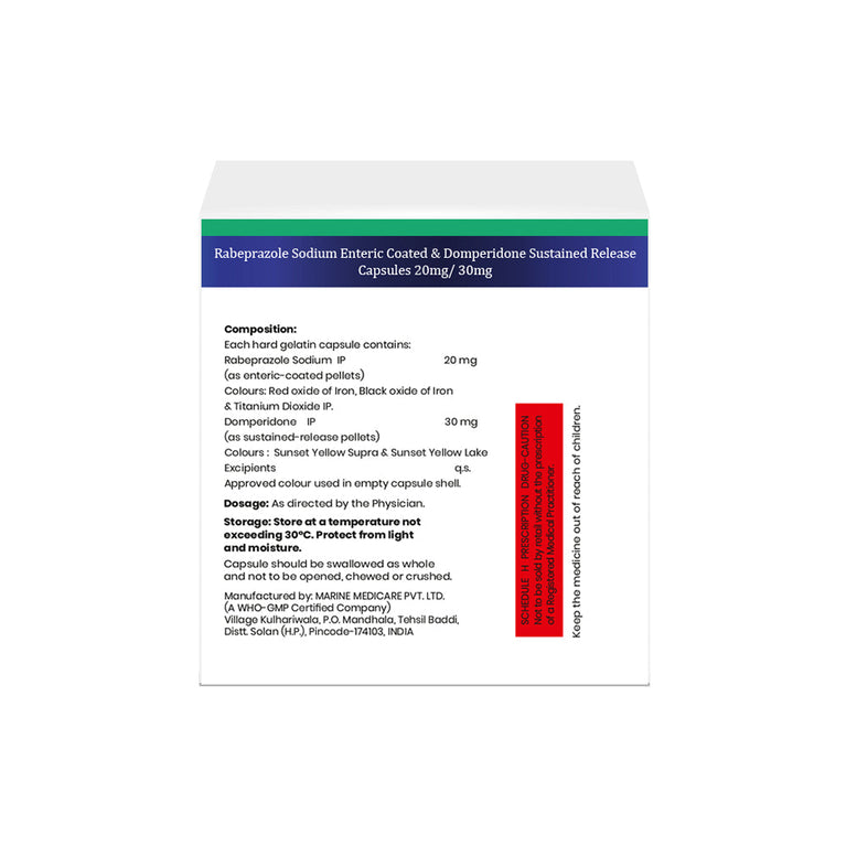Box of Rabeprazole ER & Domperidone SR capsules 20mg/30mg composition image