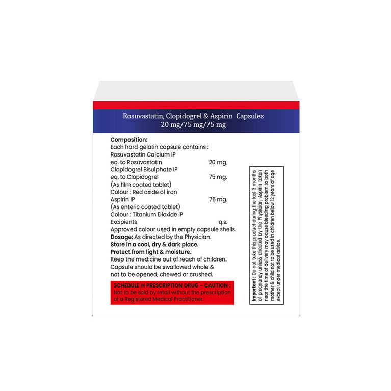 Box of Rosuvastatin, Clopidogrel & Aspirin capsules 20mg/75mg/75mg composition image