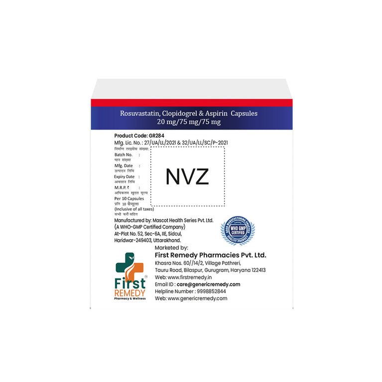 Box of Rosuvastatin, Clopidogrel & Aspirin capsules 20mg/75mg/75mg back image