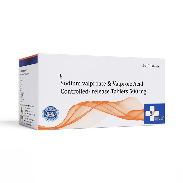 Box of Sodium Valproate & Valproic Acid CR tablets 500mg front image