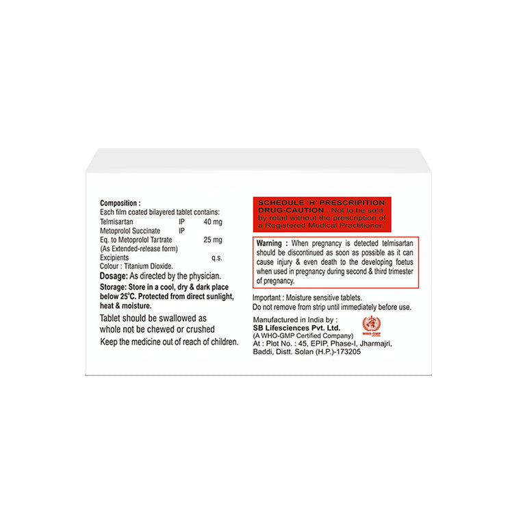 Box of Telmisartan 40mg & Metoprolol 25mg tablets composition image