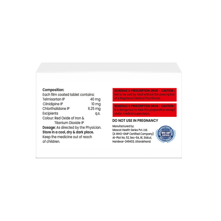 Box of Telmisartan, Cilnidipine & Chlorthalidone tablets 40mg/10mg/6.25mg composition image