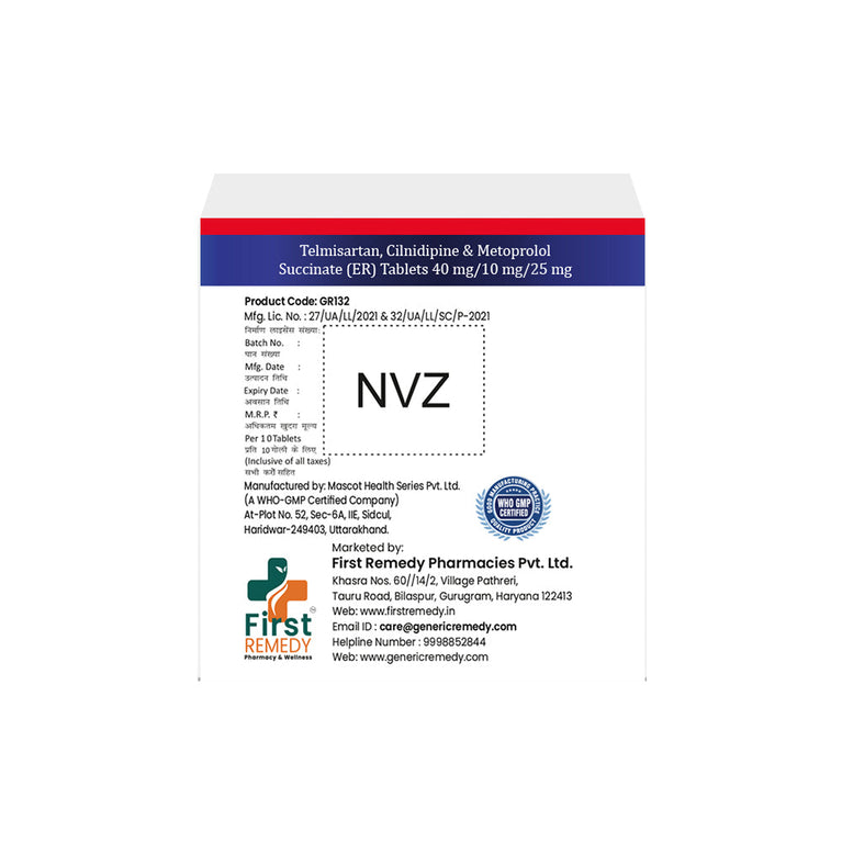 Box of Telmisartan, Cilnidipine & Metoprolol ER tablets 40mg/10mg/25mg back image