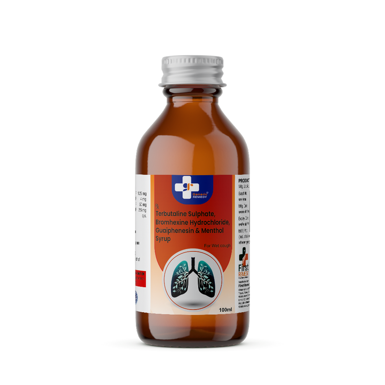 Bottle of Terbutaline Sulphate, Bromhexine Hydrochloride, Guaiphenesin & Menthol syrup front image