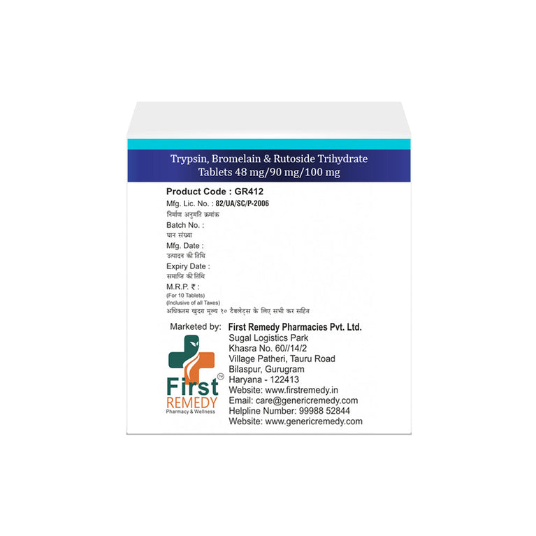 Box of Trypsin, Bromelain & Rutoside tablets 48mg/90mg/100mg back image