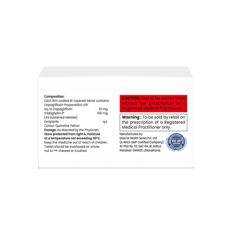 Box of Vildagliptin SR & Dapagliflozin tablets 100mg/10mg composition image