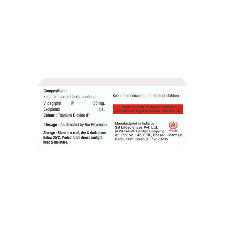 Box of Vildagliptin 50mg tablets composition image