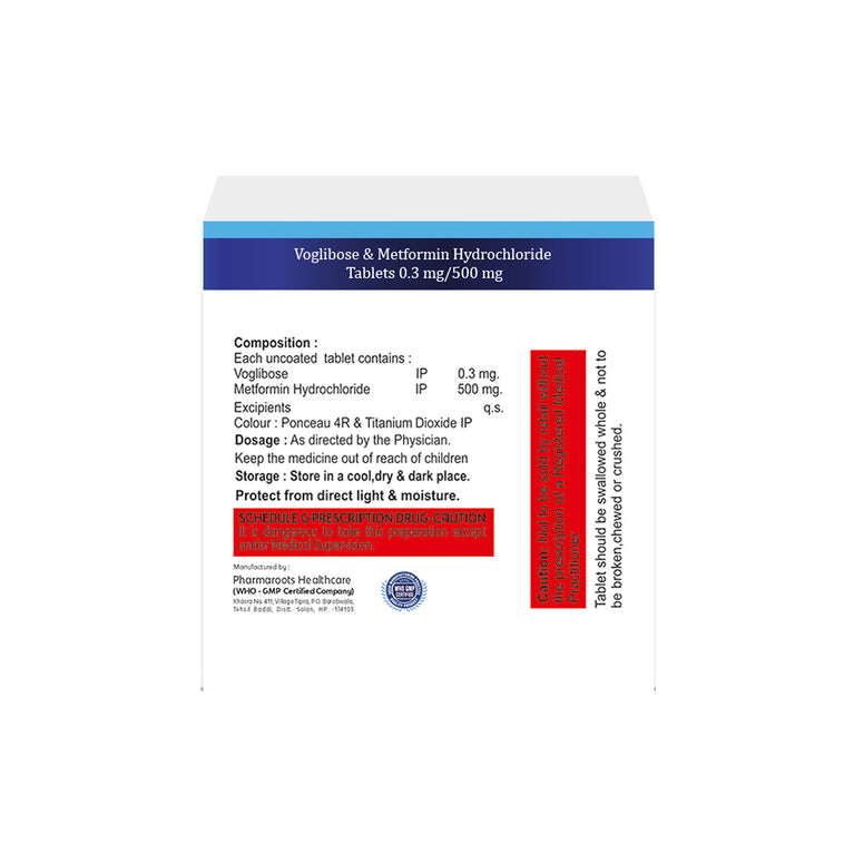 Box of Voglibose & Metformin tablets 0.3mg/500mg composition image