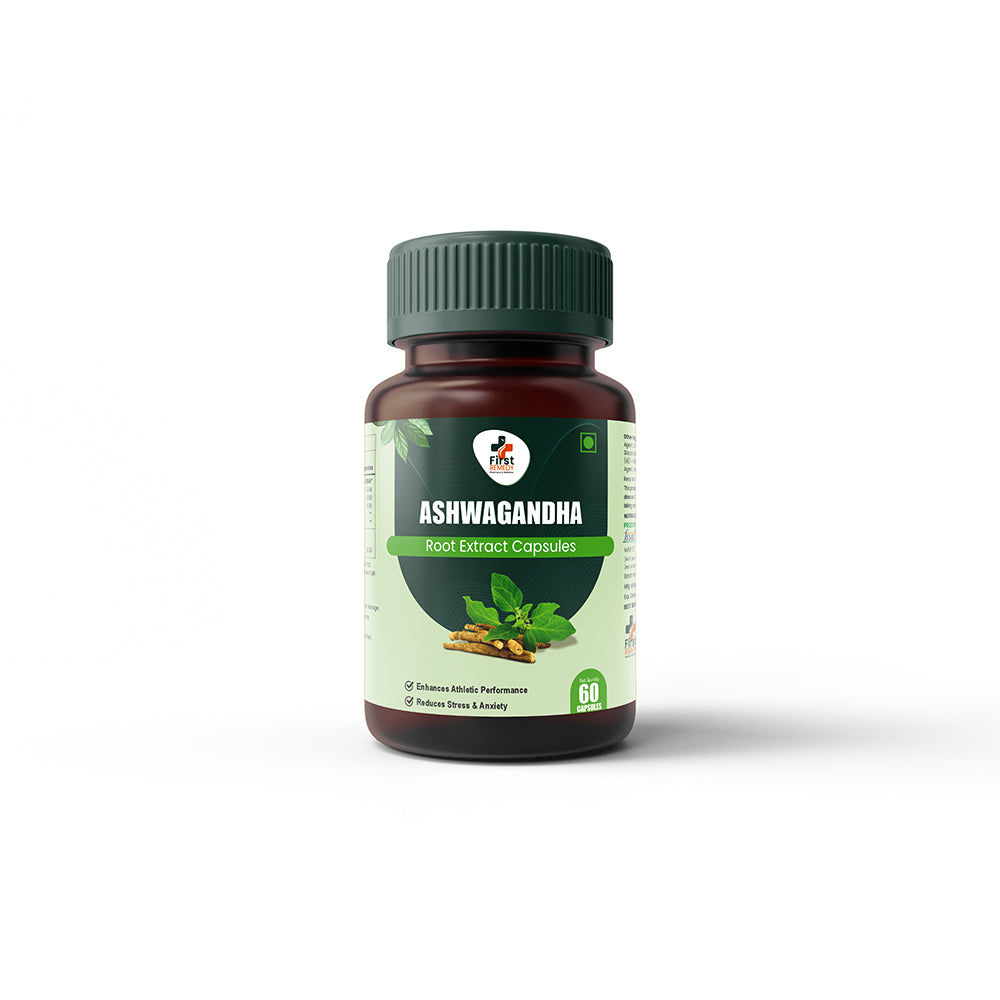 A bottle of Ashwagandha Root Extract Capsules by TNS, featuring a dark amber brown bottle, a dark green cap, and a light green and black label with illustrations of green leaves and golden roots.