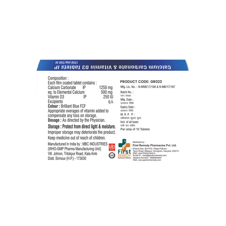 Calcium 1250mg & Vitamin D3 250IU Tablets IP