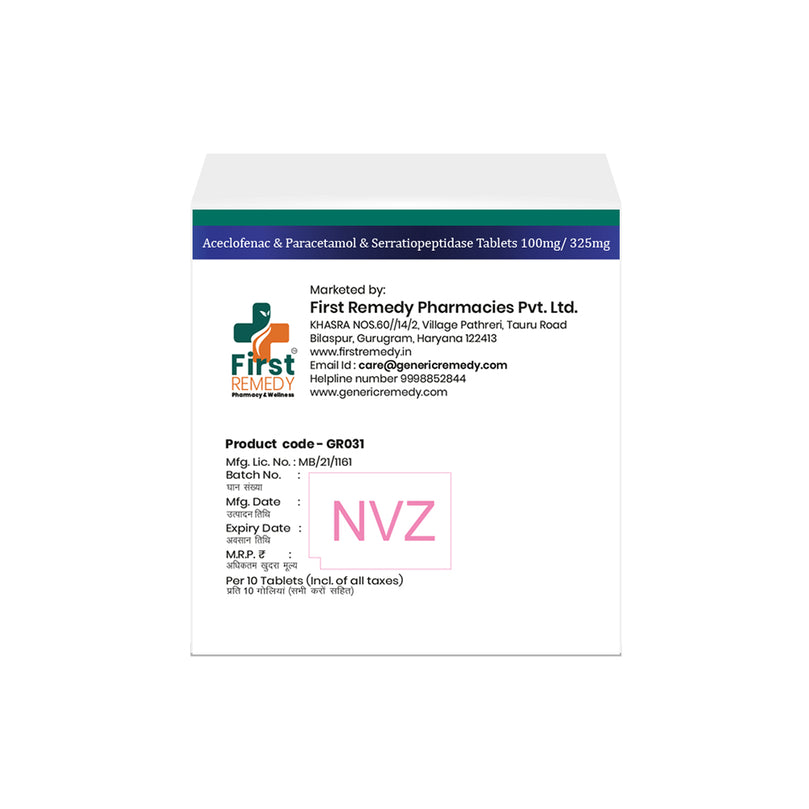 Aceclofenac 100mg, Paracetamol 325mg, Serratiopeptidase 15mg tablets back image