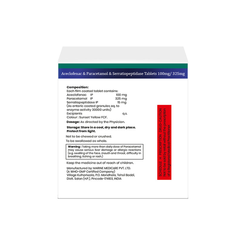 Aceclofenac 100mg, Paracetamol 325mg, Serratiopeptidase 15mg tablets composition image