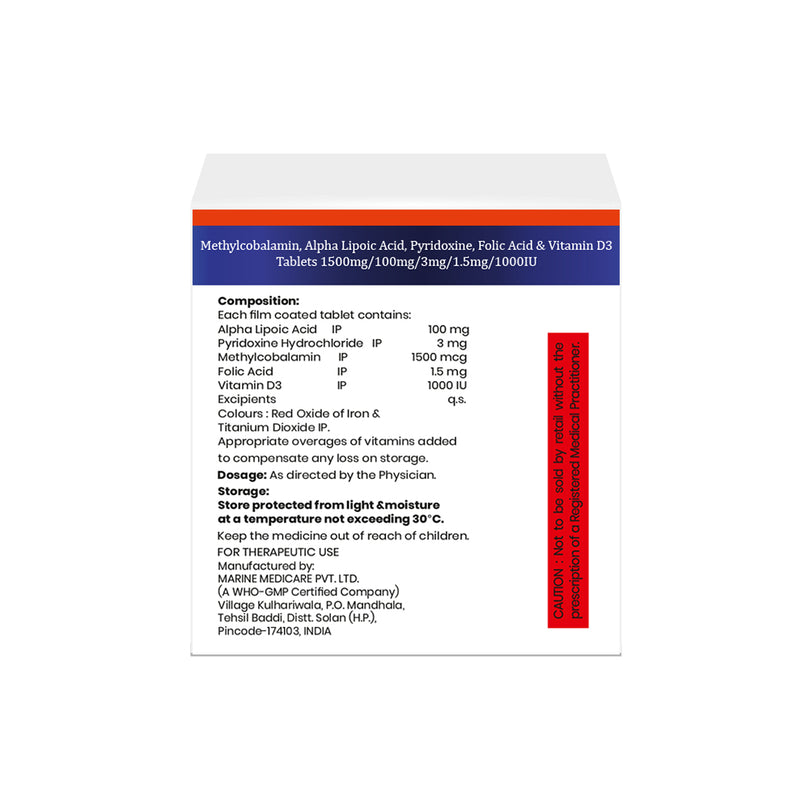 Alpha Lipoic Acid 100mg, Vitamin D3 1000IU, Folic Acid 1.5mg, Pyridoxine 3mg & Methylcobalamin 1500mcg tablets composition image