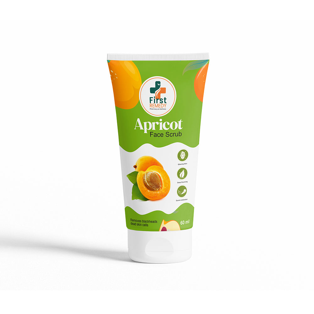 A squeeze tube of Apricot Face Scrub, featuring a green and white label with apricot illustrations, set against a plain white background.