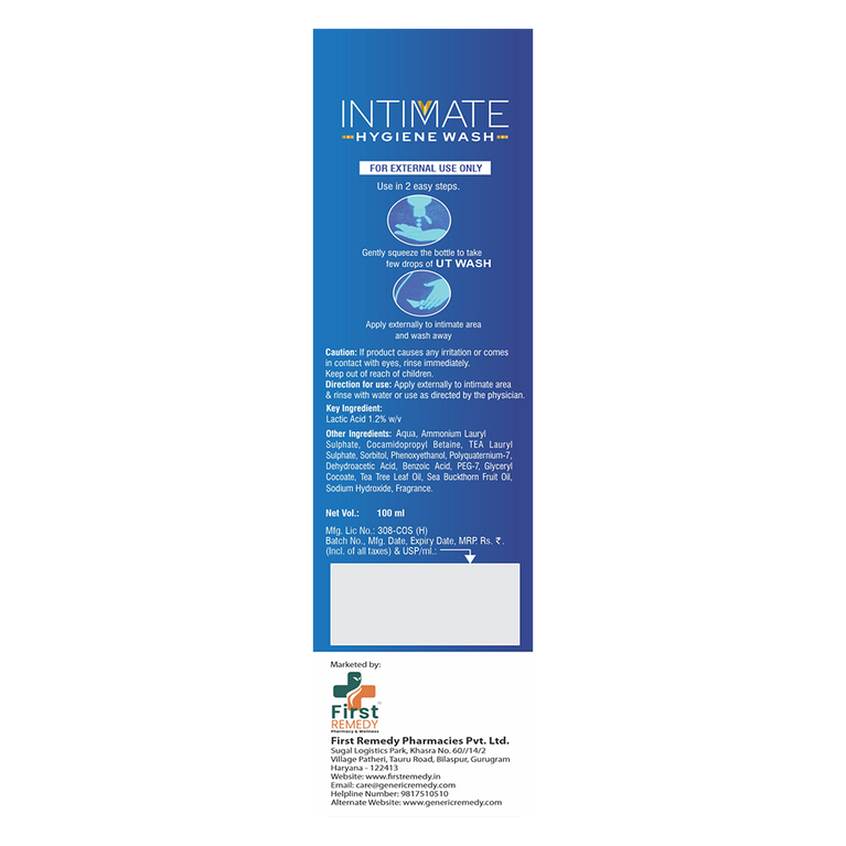 Back image of Intimate Hygiene wash with text and branding