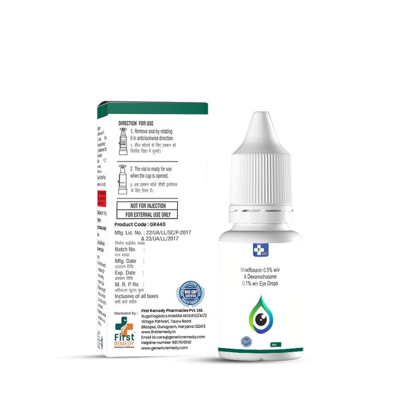 Bottle of Moxifloxacin 0.5% w/v & Dexamethasone 0.1% w/v Eye drops back image