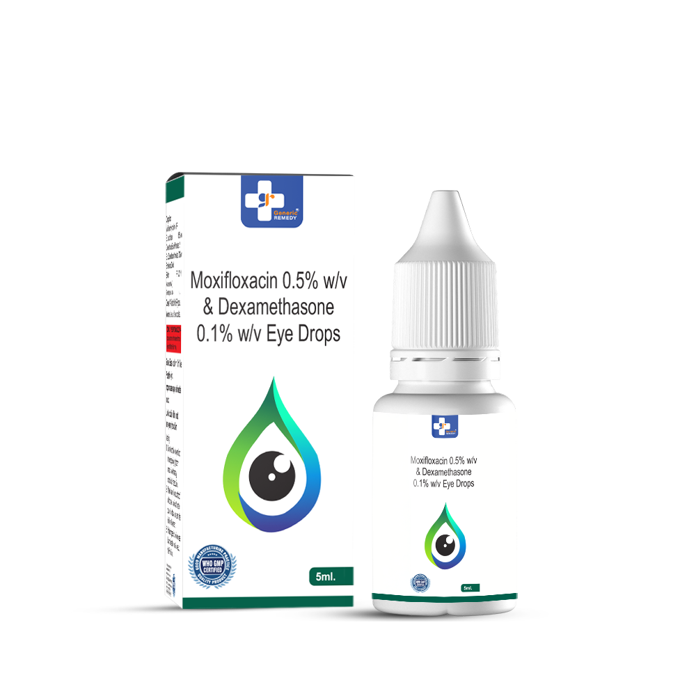 Bottle of Moxifloxacin 0.5% w/v & Dexamethasone 0.1% w/v Eye drops front image