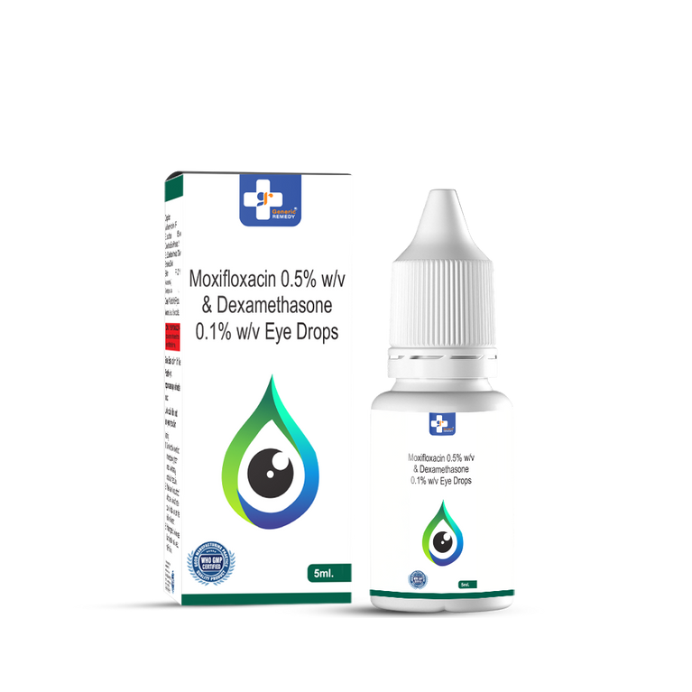 Bottle of Moxifloxacin 0.5% w/v & Dexamethasone 0.1% w/v Eye drops front image