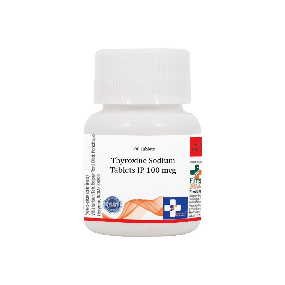 Bottle of Thyroxine Sodium tablets 100mcg front image