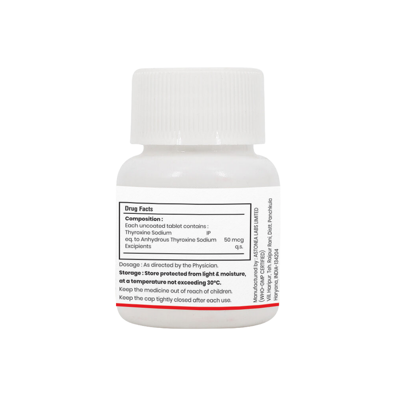 Bottle of Thyroxine Sodium tablets 50mcg composition image
