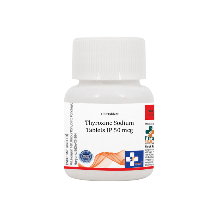 Bottle of Thyroxine Sodium tablets 50mcg front image
