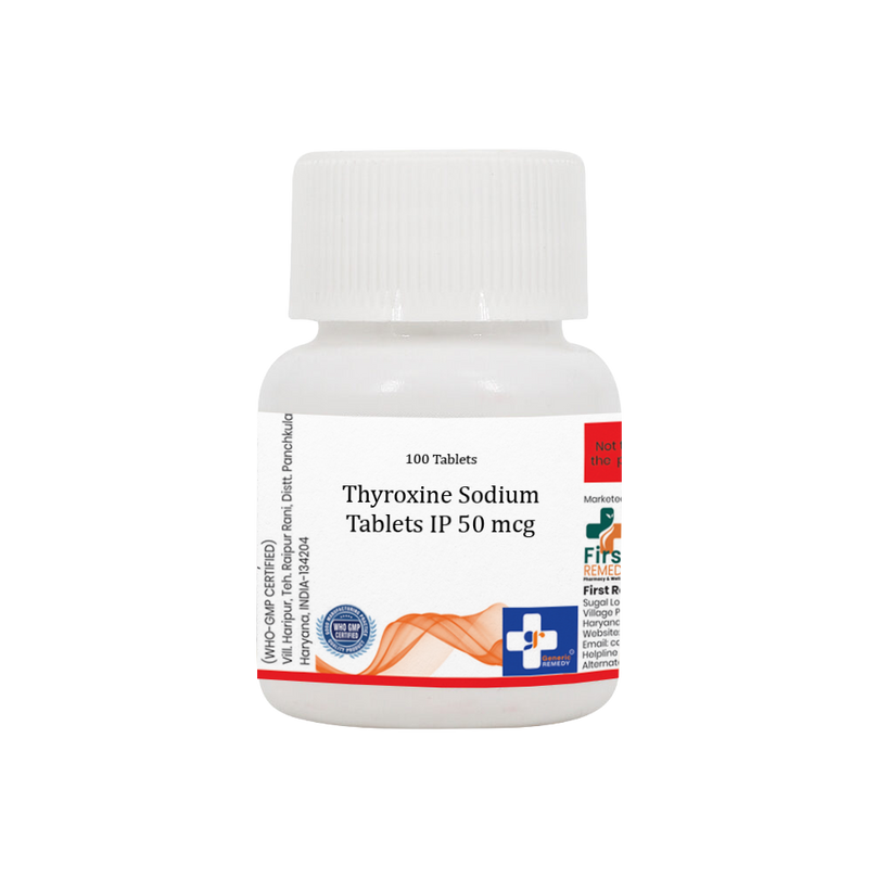 Bottle of Thyroxine Sodium tablets 50mcg front image