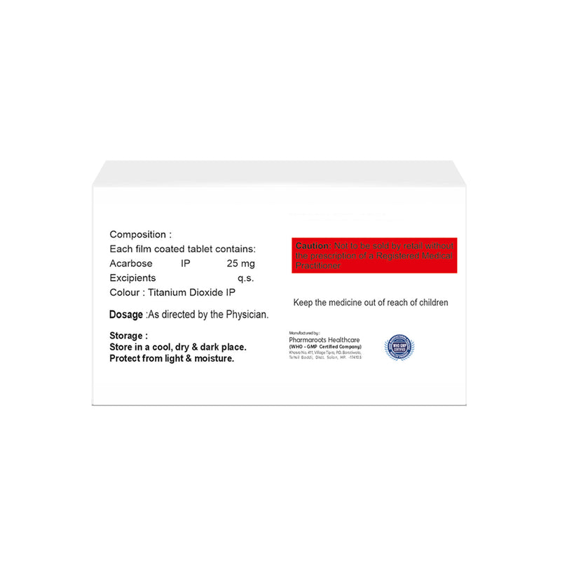 Box of Acarbose tablets 25mg composition image
