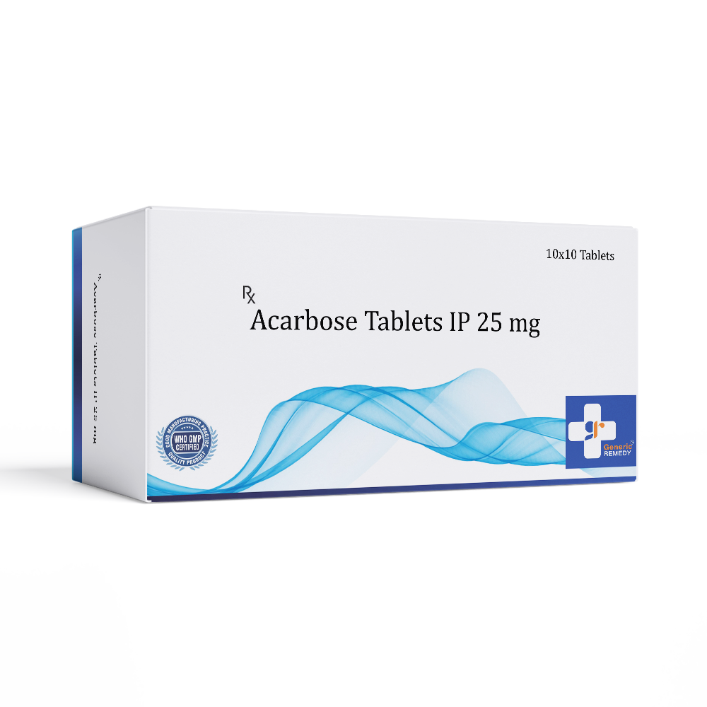 Box of Acarbose tablets 25mg front image