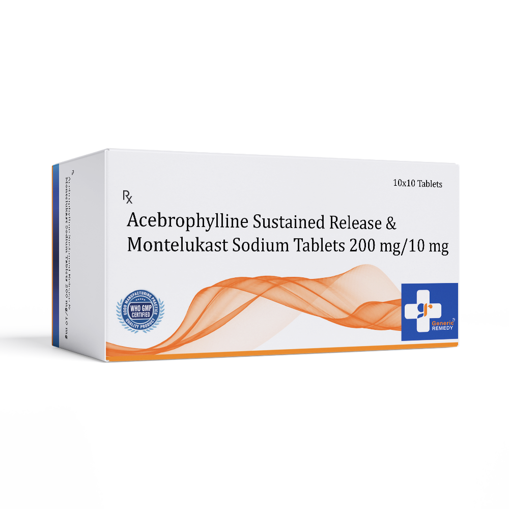 Box of Acebrophylline Sustained Release & Montelukast Sodium tablets 200mg/10mg front image