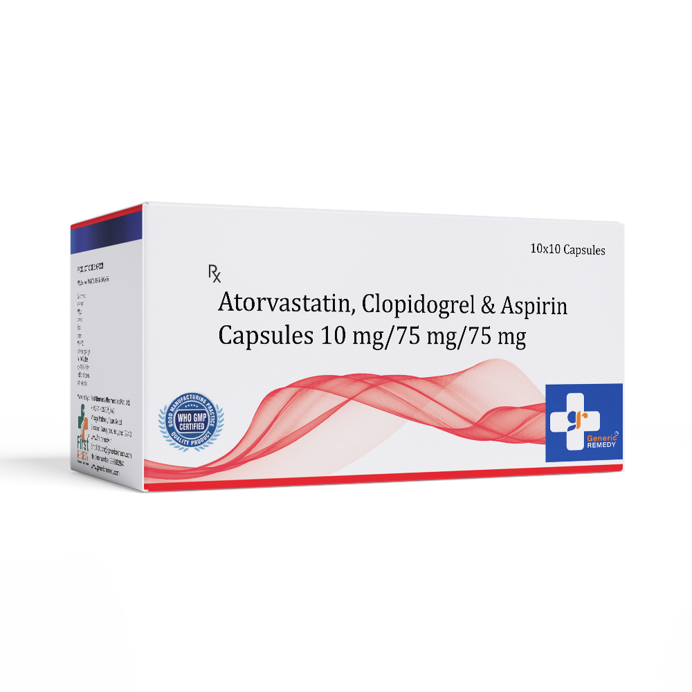 Box of Atorvastatin, Clopidogrel & Aspirin capsules 10mg/75mg/75mg front image