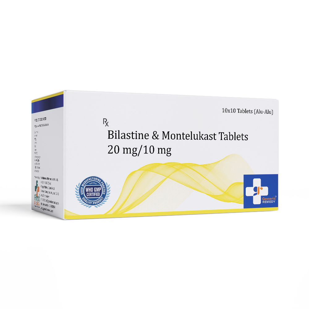 Box of Bilastine & Montelukast tablets 20mg/10mg front image