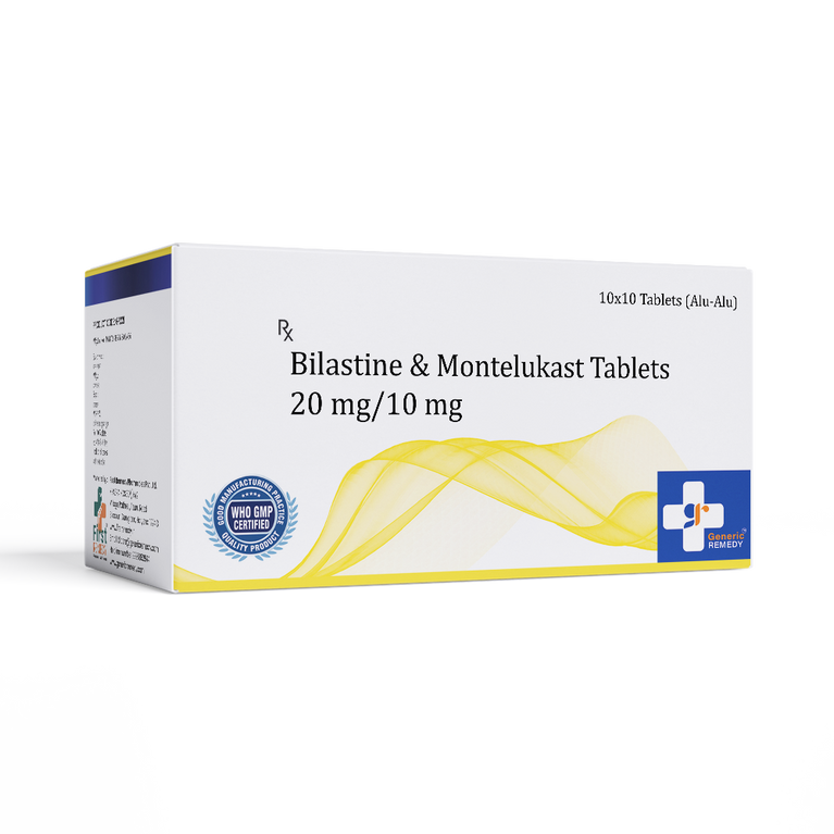 Box of Bilastine & Montelukast tablets 20mg/10mg front image