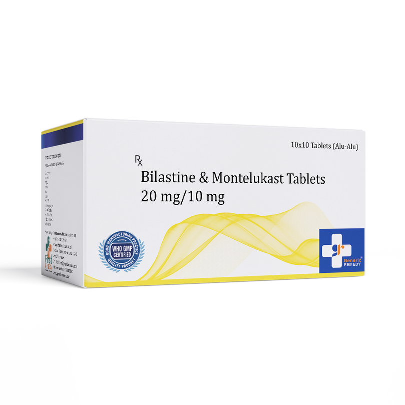 Box of Bilastine & Montelukast tablets 20mg/10mg front image